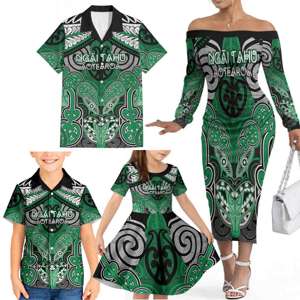 Aotearoa Iwi Ngai Tahu Personalised Family Matching Off The Shoulder Long Sleeve Dress and Hawaiian Shirt Maori Kowhaiwhai Pattern