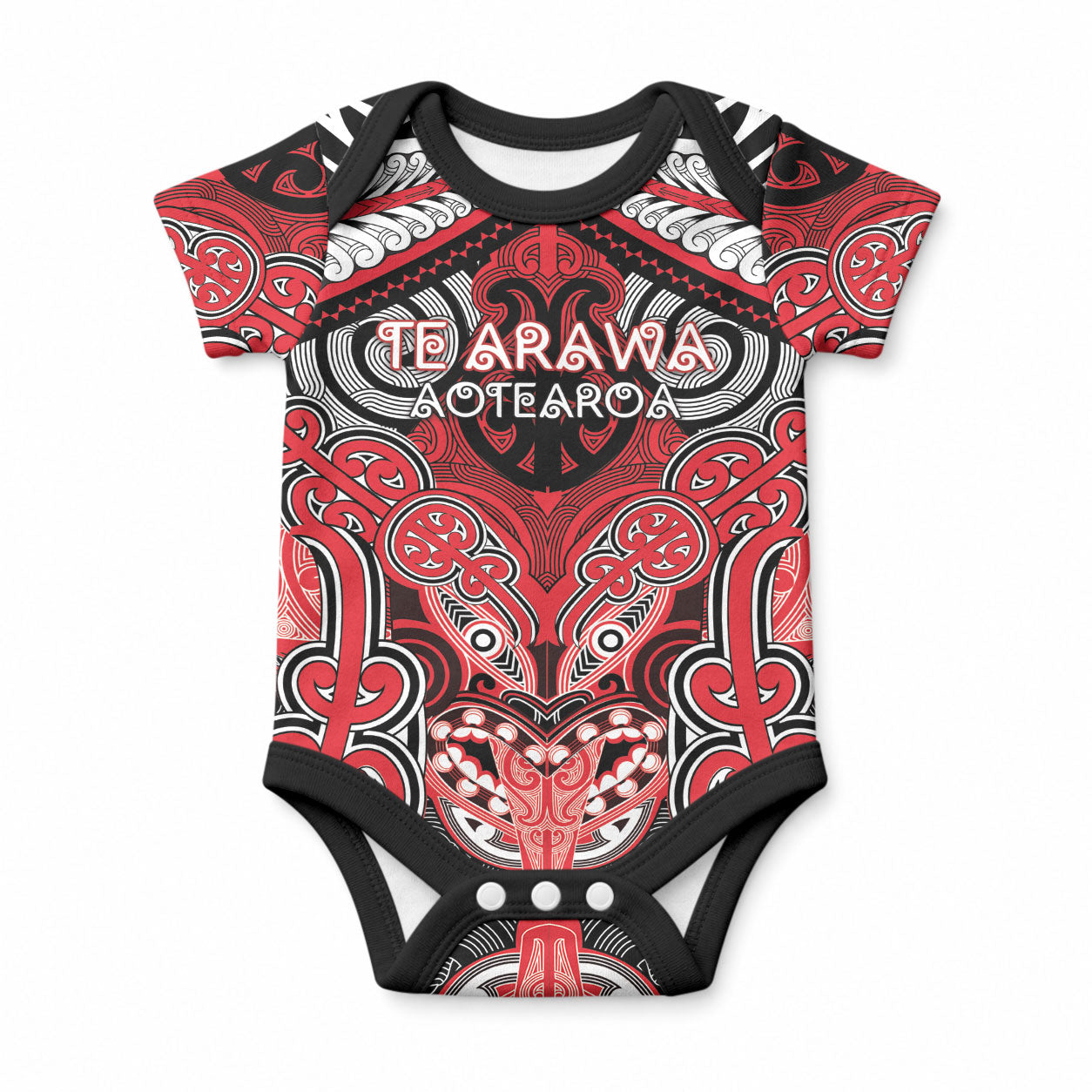 Aotearoa Iwi Te Arawa Personalised Baby Onesie Maori Kowhaiwhai Pattern LT19 Red - Polynesian Pride