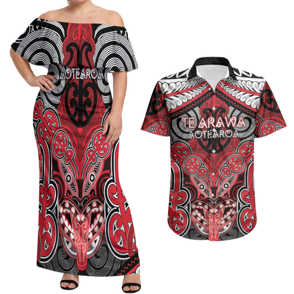 Aotearoa Iwi Te Arawa Personalised Couples Matching Off Shoulder Maxi Dress and Hawaiian Shirt Maori Kowhaiwhai Pattern