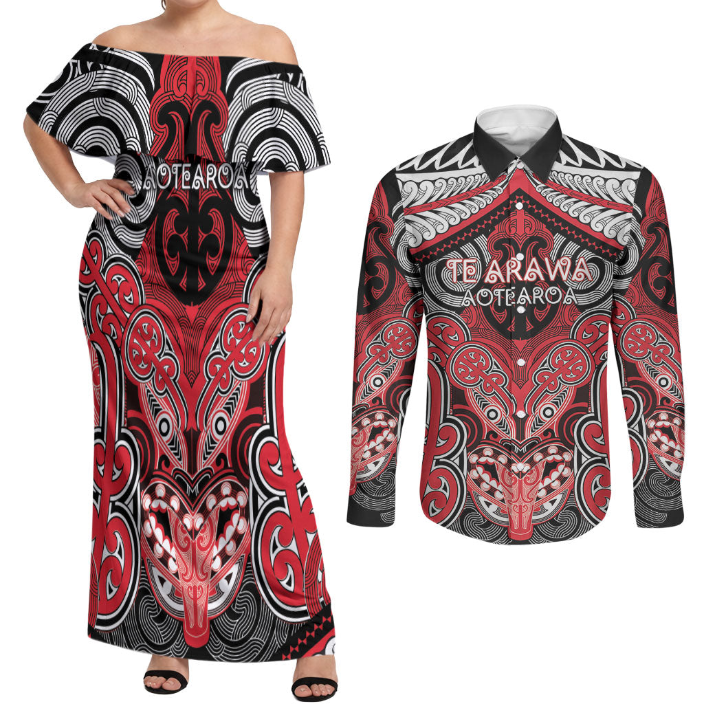 Aotearoa Iwi Te Arawa Personalised Couples Matching Off Shoulder Maxi Dress and Long Sleeve Button Shirt Maori Kowhaiwhai Pattern