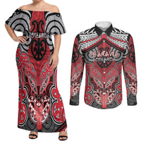 Aotearoa Iwi Te Arawa Personalised Couples Matching Off Shoulder Maxi Dress and Long Sleeve Button Shirt Maori Kowhaiwhai Pattern