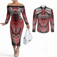 Aotearoa Iwi Te Arawa Personalised Couples Matching Off The Shoulder Long Sleeve Dress and Long Sleeve Button Shirt Maori Kowhaiwhai Pattern
