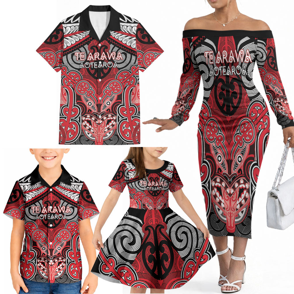 Aotearoa Iwi Te Arawa Personalised Family Matching Off The Shoulder Long Sleeve Dress and Hawaiian Shirt Maori Kowhaiwhai Pattern