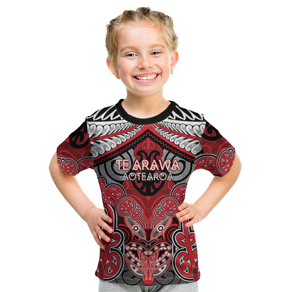 Aotearoa Iwi Te Arawa Personalised Kid T Shirt Maori Kowhaiwhai Pattern LT19 Red - Polynesian Pride