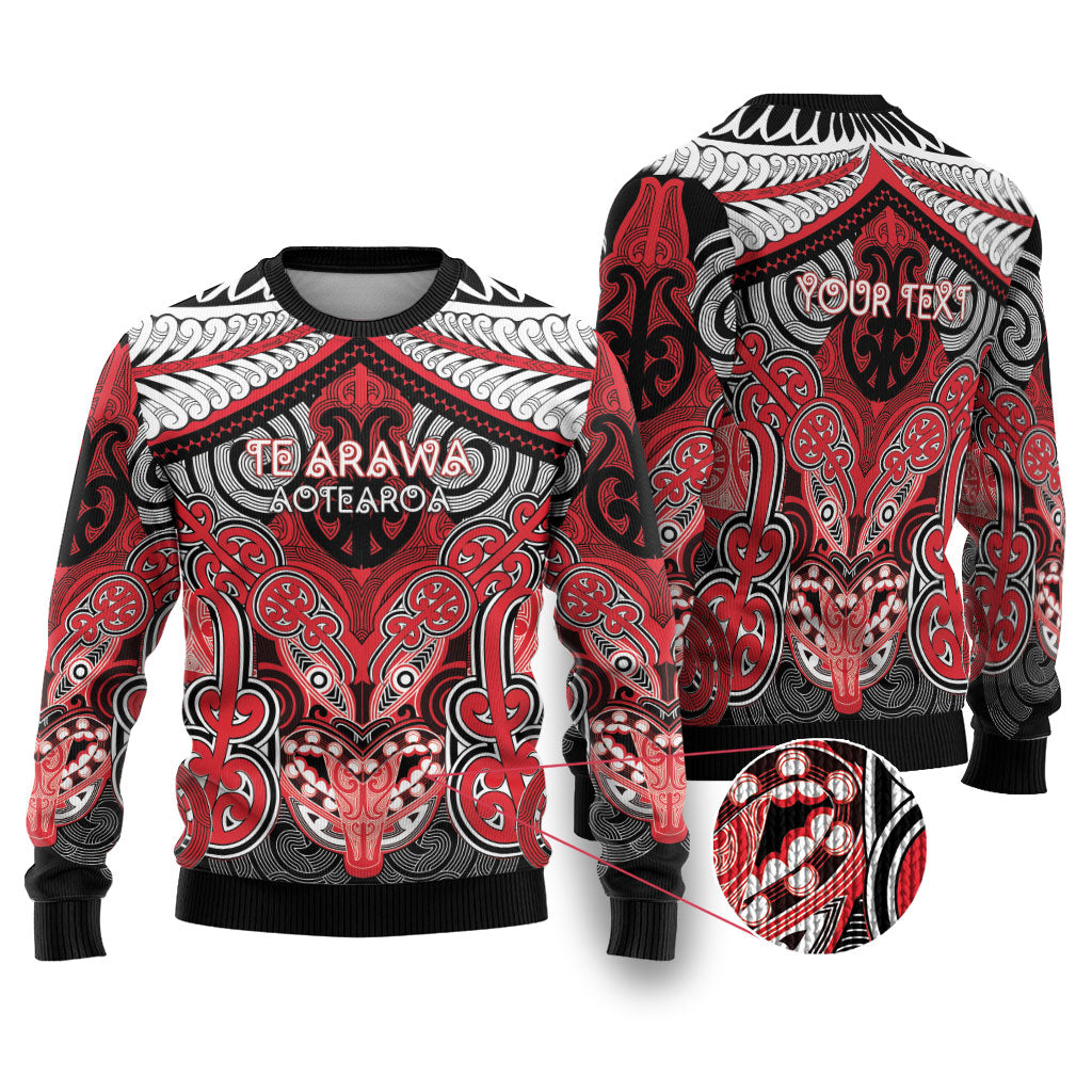 Aotearoa Iwi Te Arawa Personalised Ugly Christmas Sweater Maori Kowhaiwhai Pattern LT19 Red - Polynesian Pride