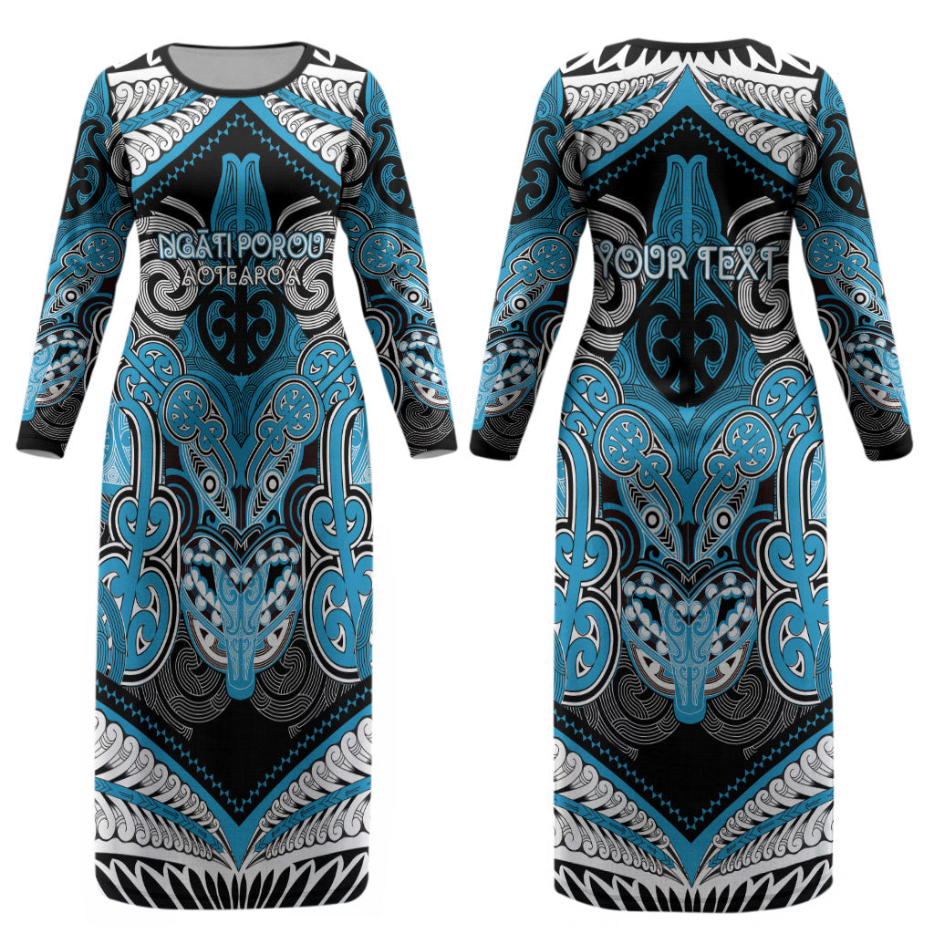 Aotearoa Iwi Ngati Porou Personalised Couples Matching Long Sleeve Bodycon Dress and Hawaiian Shirt Maori Kowhaiwhai Pattern