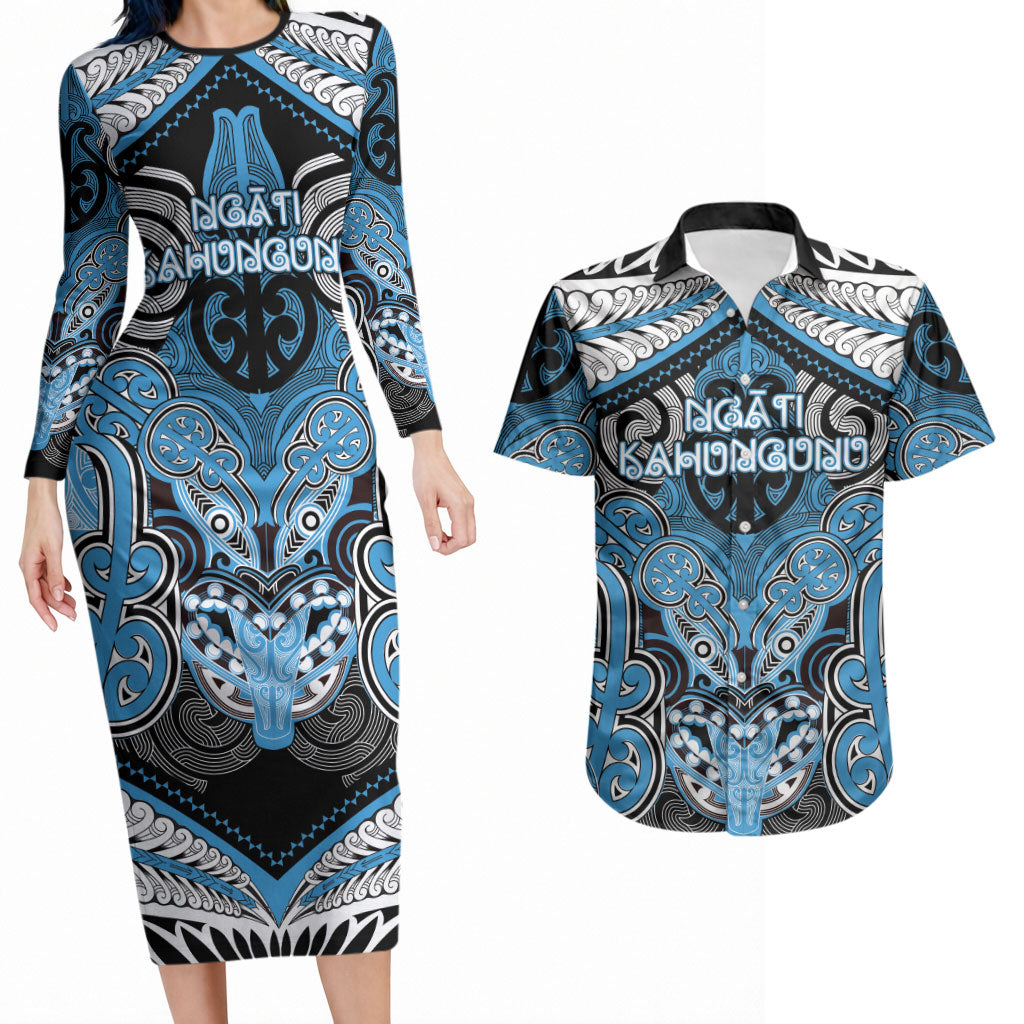 Aotearoa Iwi Ngati Kahungunu Personalised Couples Matching Long Sleeve Bodycon Dress and Hawaiian Shirt Maori Kowhaiwhai Pattern