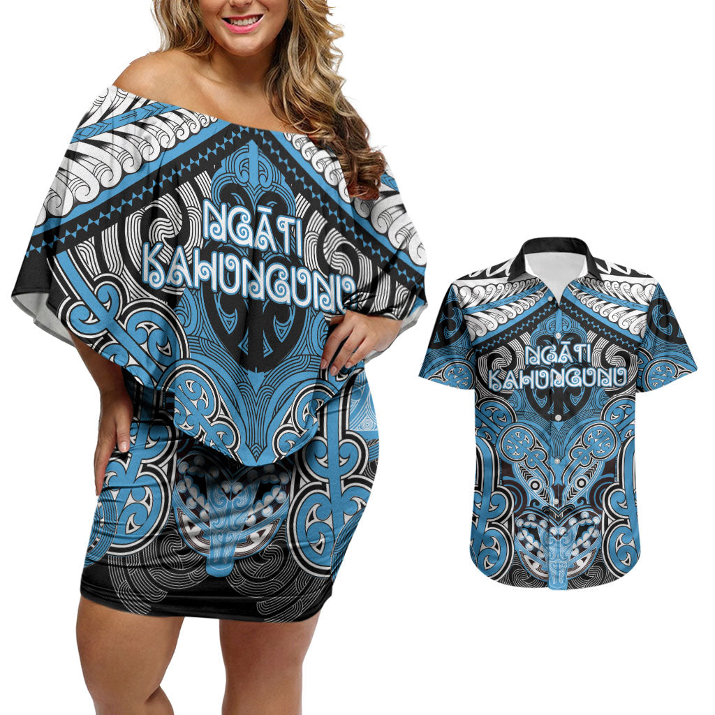 Aotearoa Iwi Ngati Kahungunu Personalised Couples Matching Off Shoulder Short Dress and Hawaiian Shirt Maori Kowhaiwhai Pattern