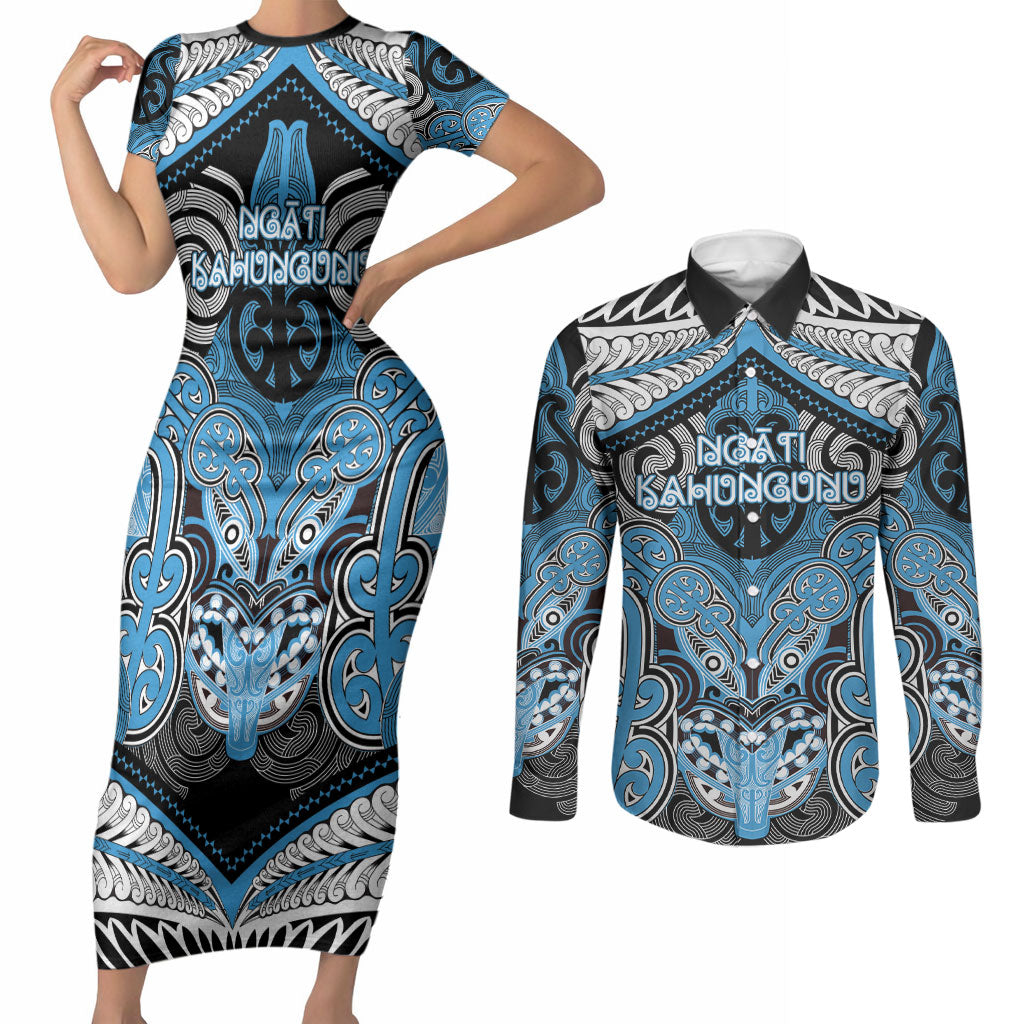 Aotearoa Iwi Ngati Kahungunu Personalised Couples Matching Short Sleeve Bodycon Dress and Long Sleeve Button Shirt Maori Kowhaiwhai Pattern