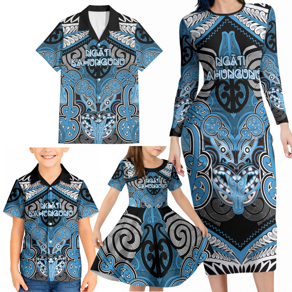 Aotearoa Iwi Ngati Kahungunu Personalised Family Matching Long Sleeve Bodycon Dress and Hawaiian Shirt Maori Kowhaiwhai Pattern