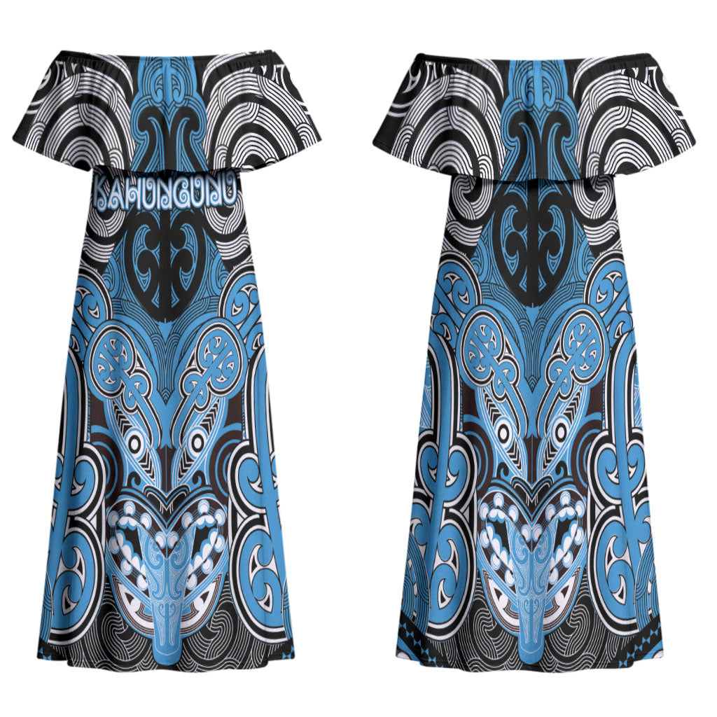 Aotearoa Iwi Ngati Kahungunu Personalised Family Matching Off Shoulder Maxi Dress and Hawaiian Shirt Maori Kowhaiwhai Pattern