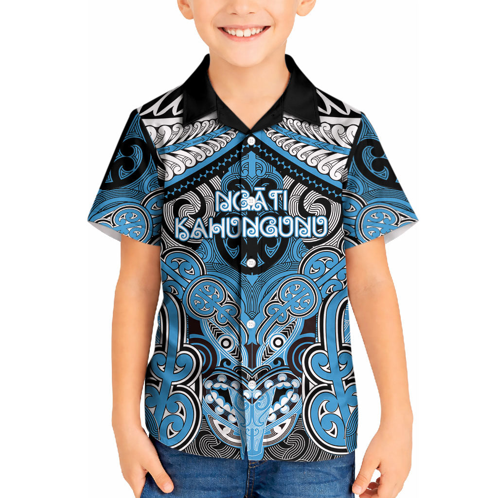 Aotearoa Iwi Ngati Kahungunu Personalised Kid Hawaiian Shirt Maori Kowhaiwhai Pattern LT19 Kid Blue - Polynesian Pride