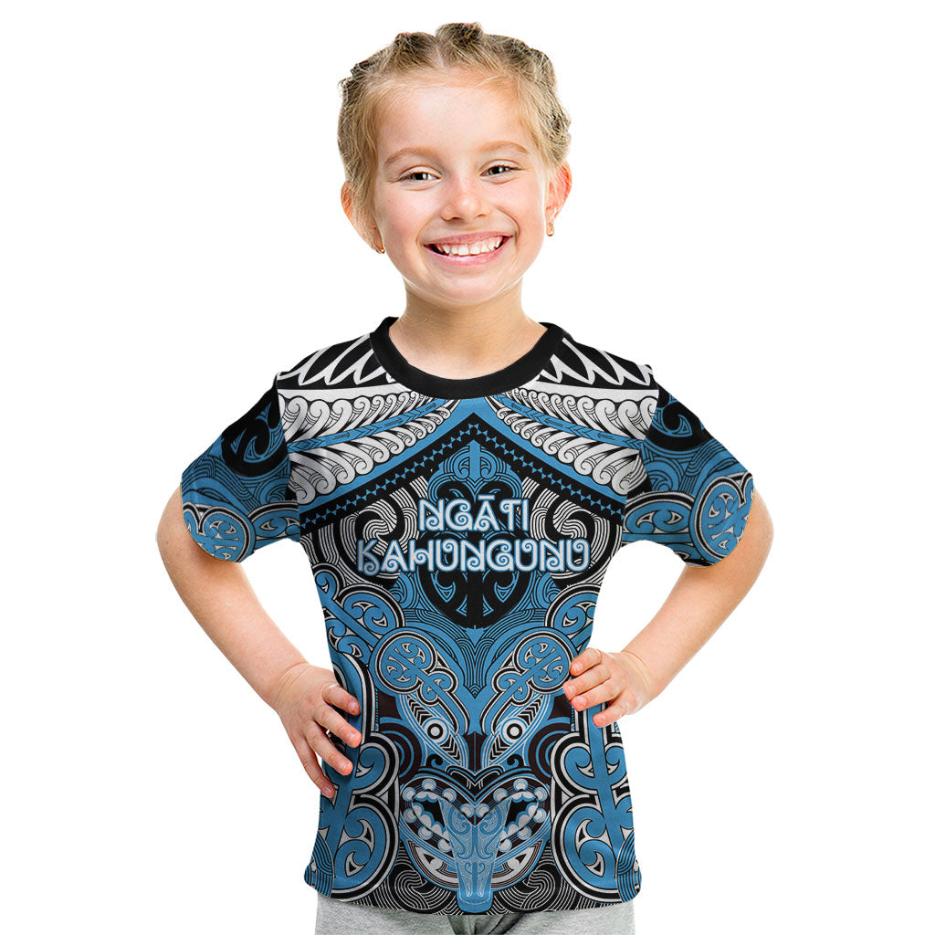 Aotearoa Iwi Ngati Kahungunu Personalised Kid T Shirt Maori Kowhaiwhai Pattern LT19 Blue - Polynesian Pride
