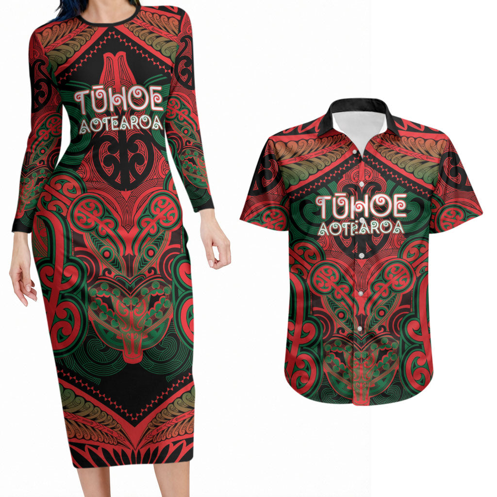 Aotearoa Iwi Tuhoe Personalised Couples Matching Long Sleeve Bodycon Dress and Hawaiian Shirt Maori Kowhaiwhai Pattern