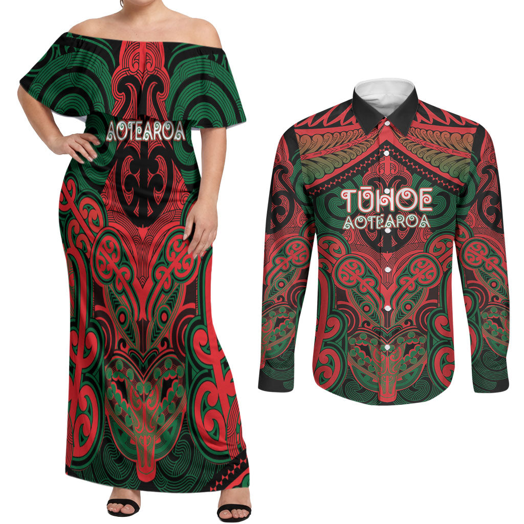 Aotearoa Iwi Tuhoe Personalised Couples Matching Off Shoulder Maxi Dress and Long Sleeve Button Shirt Maori Kowhaiwhai Pattern