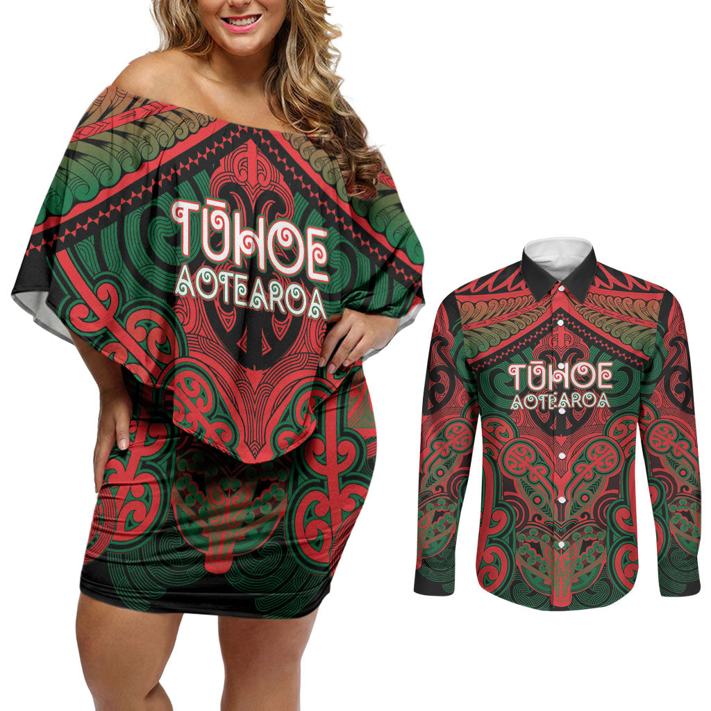 Aotearoa Iwi Tuhoe Personalised Couples Matching Off Shoulder Short Dress and Long Sleeve Button Shirt Maori Kowhaiwhai Pattern