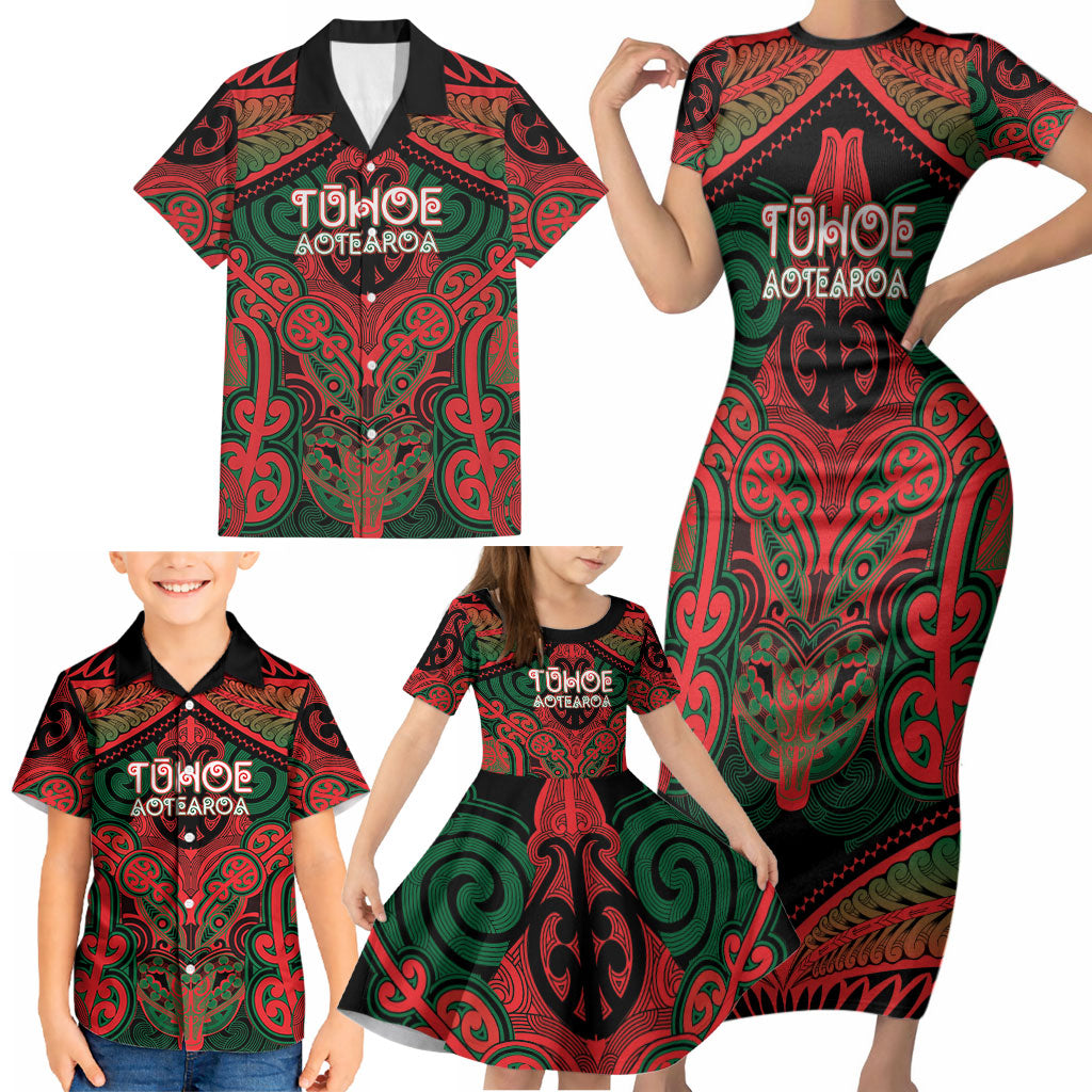 Aotearoa Iwi Tuhoe Personalised Family Matching Short Sleeve Bodycon Dress and Hawaiian Shirt Maori Kowhaiwhai Pattern