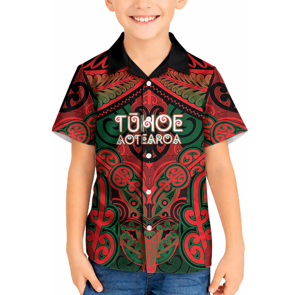 Aotearoa Iwi Tuhoe Personalised Kid Hawaiian Shirt Maori Kowhaiwhai Pattern LT19 Kid Red - Polynesian Pride