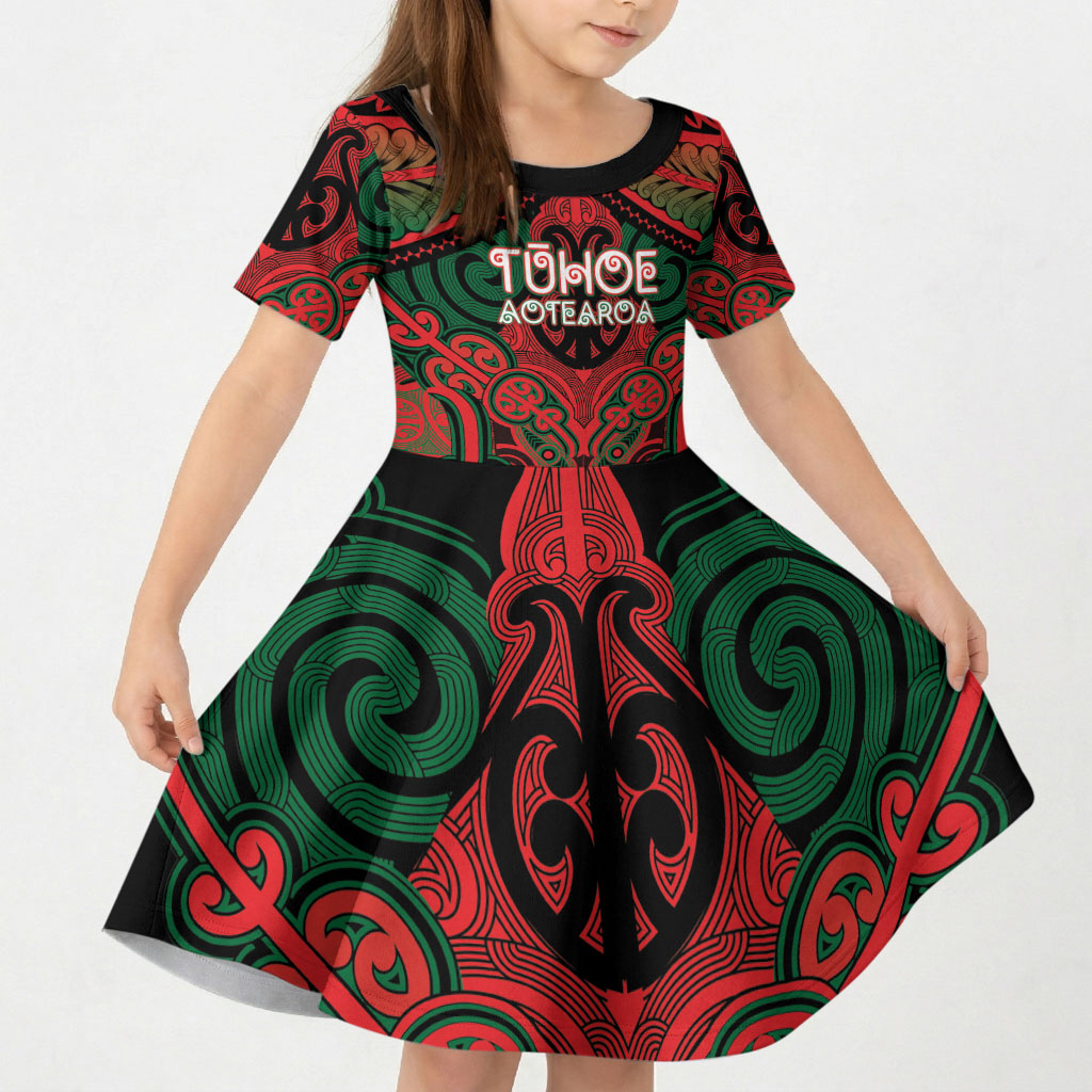 Aotearoa Iwi Tuhoe Personalised Kid Short Sleeve Dress Maori Kowhaiwhai Pattern LT19 KID Red - Polynesian Pride