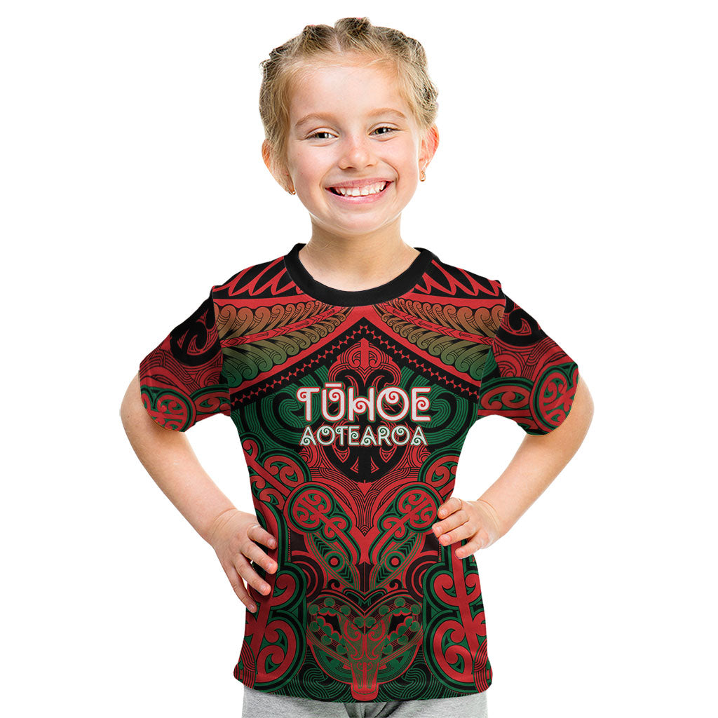 Aotearoa Iwi Tuhoe Personalised Kid T Shirt Maori Kowhaiwhai Pattern LT19 Red - Polynesian Pride
