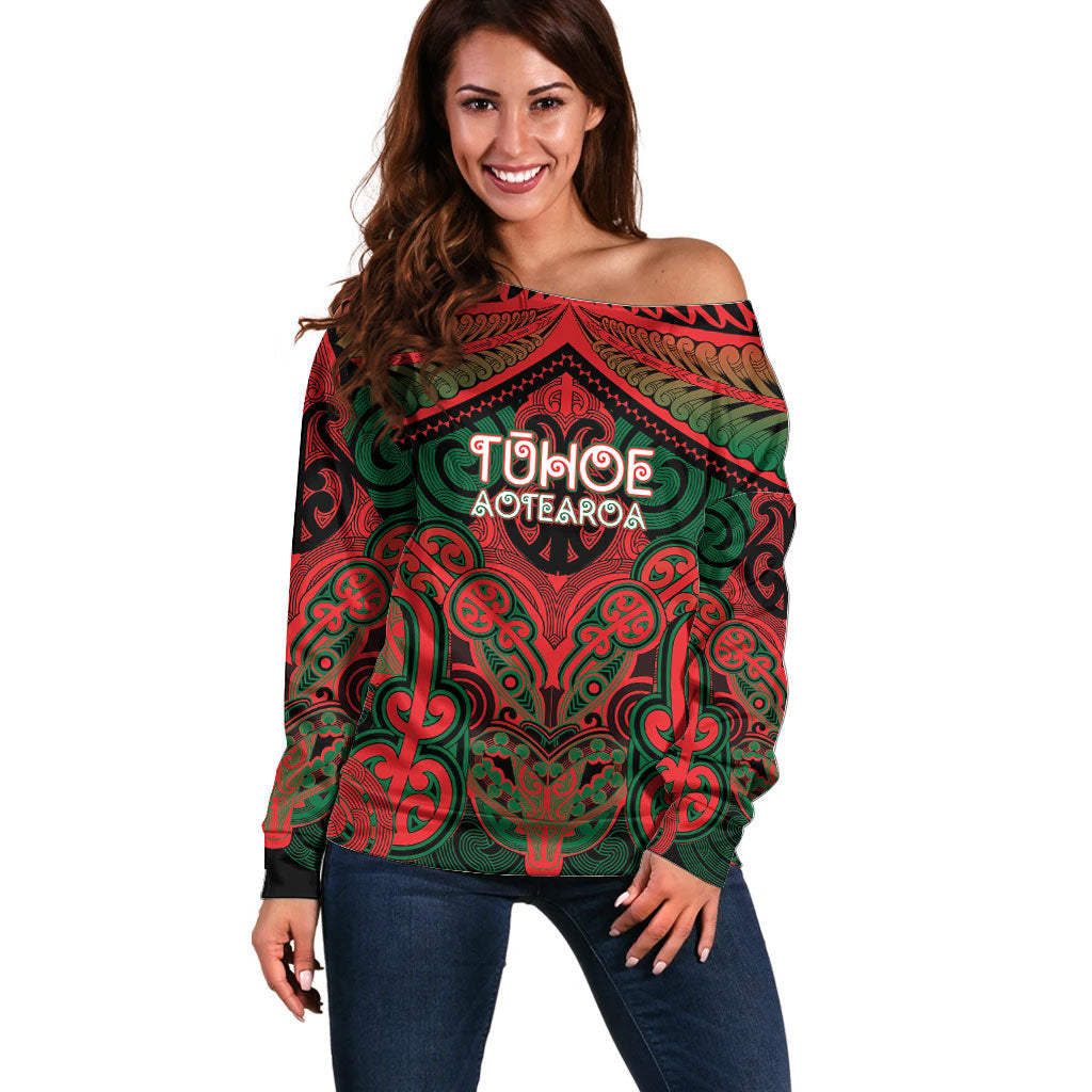 Aotearoa Iwi Tuhoe Personalised Off Shoulder Sweater Maori Kowhaiwhai Pattern