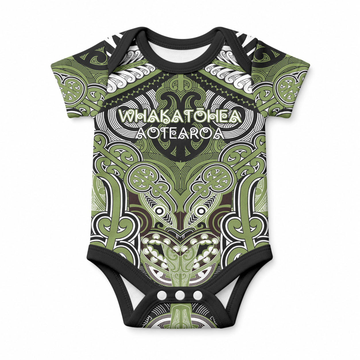 Aotearoa Iwi Whakatohea Personalised Baby Onesie Maori Kowhaiwhai Pattern LT19 Olive Green - Polynesian Pride