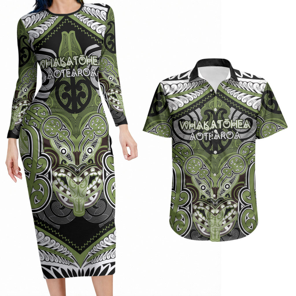 Aotearoa Iwi Whakatohea Personalised Couples Matching Long Sleeve Bodycon Dress and Hawaiian Shirt Maori Kowhaiwhai Pattern