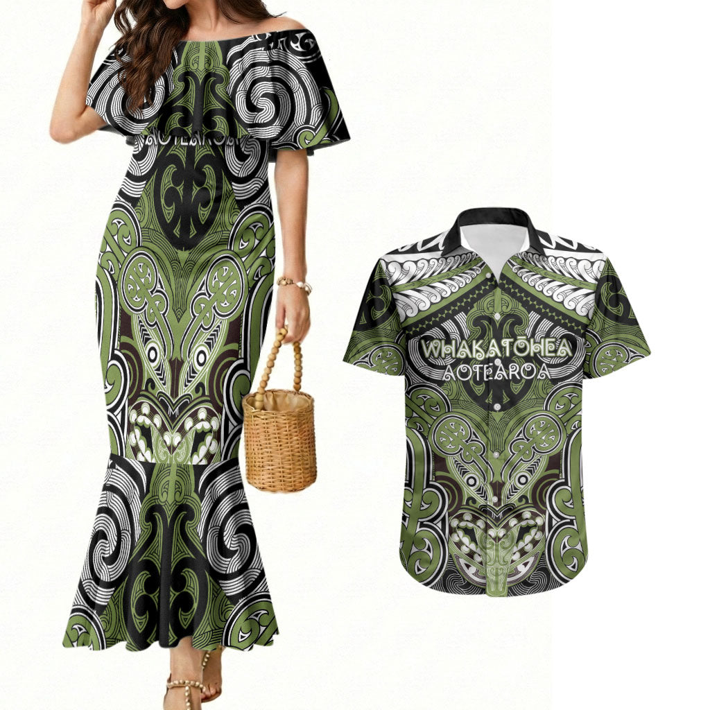 Aotearoa Iwi Whakatohea Personalised Couples Matching Mermaid Dress and Hawaiian Shirt Maori Kowhaiwhai Pattern