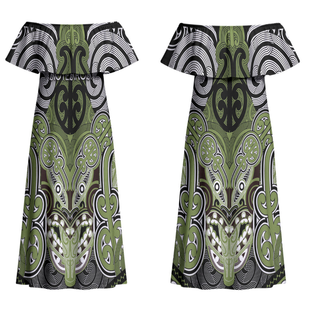 Aotearoa Iwi Whakatohea Personalised Couples Matching Off Shoulder Maxi Dress and Long Sleeve Button Shirt Maori Kowhaiwhai Pattern