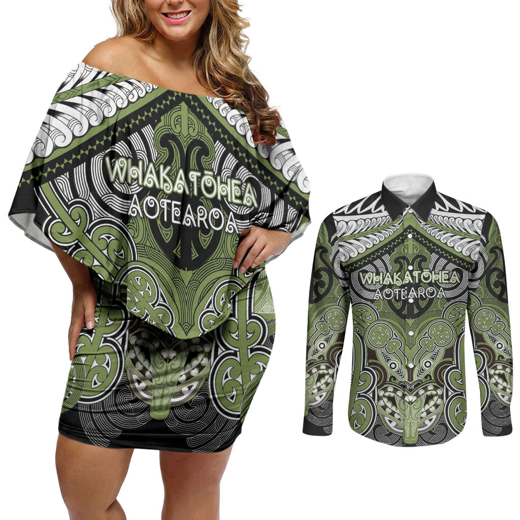 Aotearoa Iwi Whakatohea Personalised Couples Matching Off Shoulder Short Dress and Long Sleeve Button Shirt Maori Kowhaiwhai Pattern