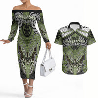 Aotearoa Iwi Whakatohea Personalised Couples Matching Off The Shoulder Long Sleeve Dress and Hawaiian Shirt Maori Kowhaiwhai Pattern