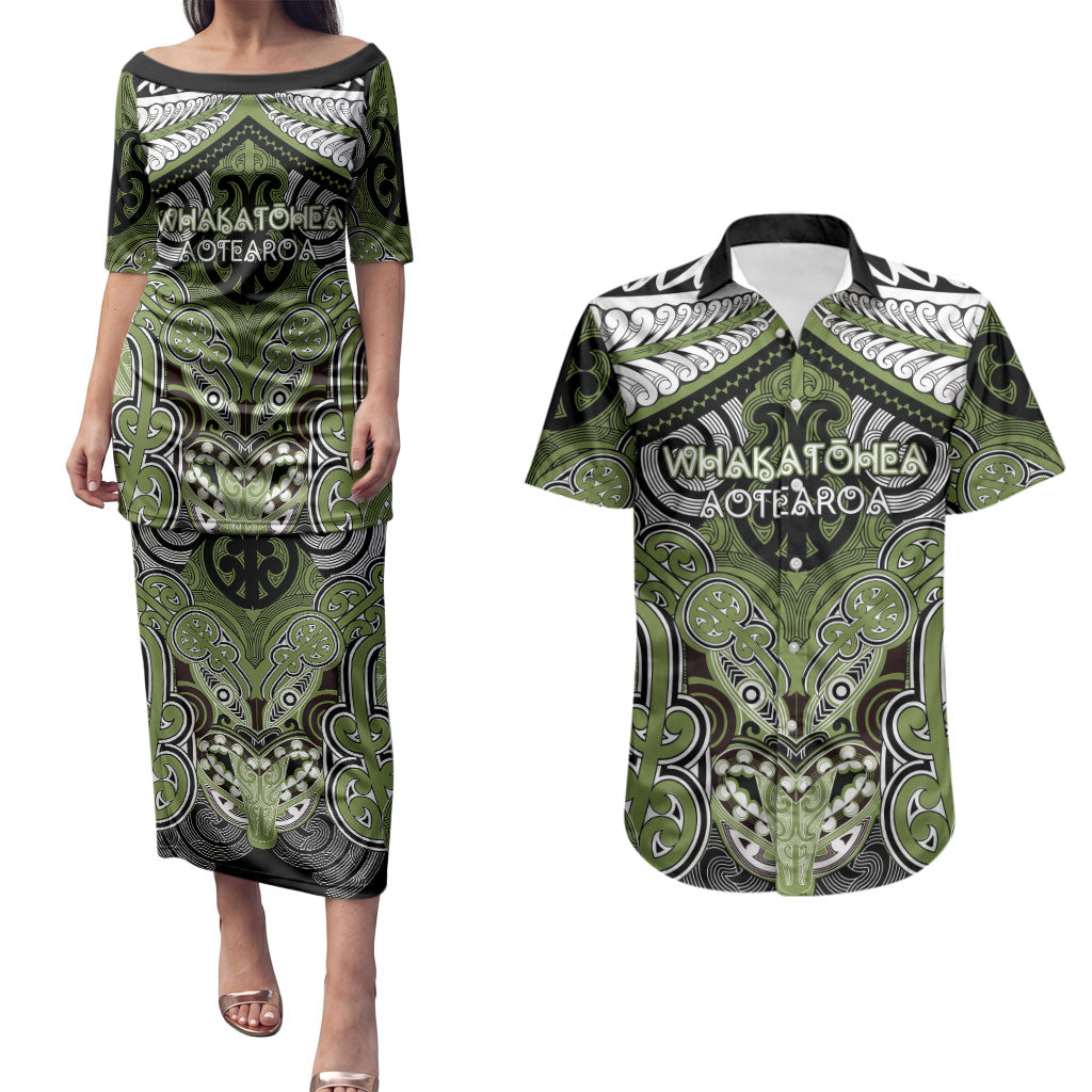 Aotearoa Iwi Whakatohea Personalised Couples Matching Puletasi and Hawaiian Shirt Maori Kowhaiwhai Pattern LT19 Olive Green - Polynesian Pride