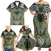 Aotearoa Iwi Whakatohea Personalised Family Matching Off Shoulder Maxi Dress and Hawaiian Shirt Maori Kowhaiwhai Pattern