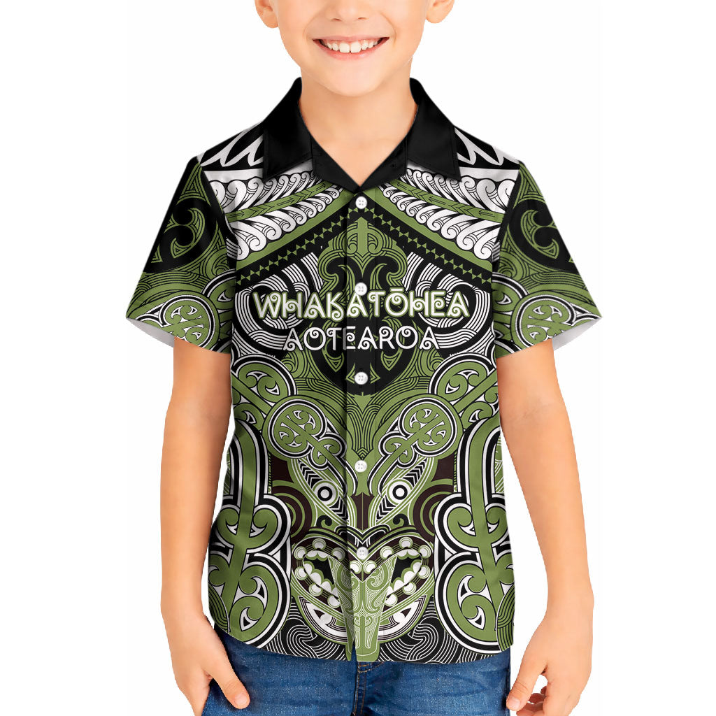 Aotearoa Iwi Whakatohea Personalised Kid Hawaiian Shirt Maori Kowhaiwhai Pattern LT19 Kid Olive Green - Polynesian Pride