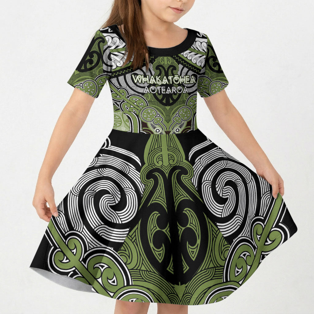 Aotearoa Iwi Whakatohea Personalised Kid Short Sleeve Dress Maori Kowhaiwhai Pattern LT19 KID Olive Green - Polynesian Pride