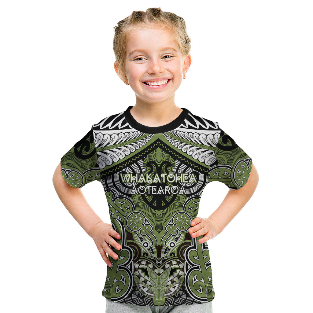 Aotearoa Iwi Whakatohea Personalised Kid T Shirt Maori Kowhaiwhai Pattern LT19 Olive Green - Polynesian Pride