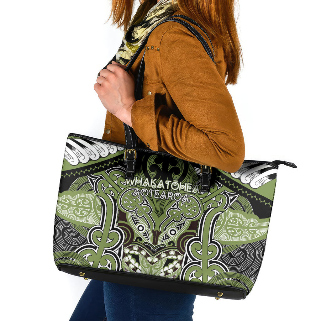 Aotearoa Iwi Whakatohea Leather Tote Bag Maori Kowhaiwhai Pattern LT19 Olive Green - Polynesian Pride