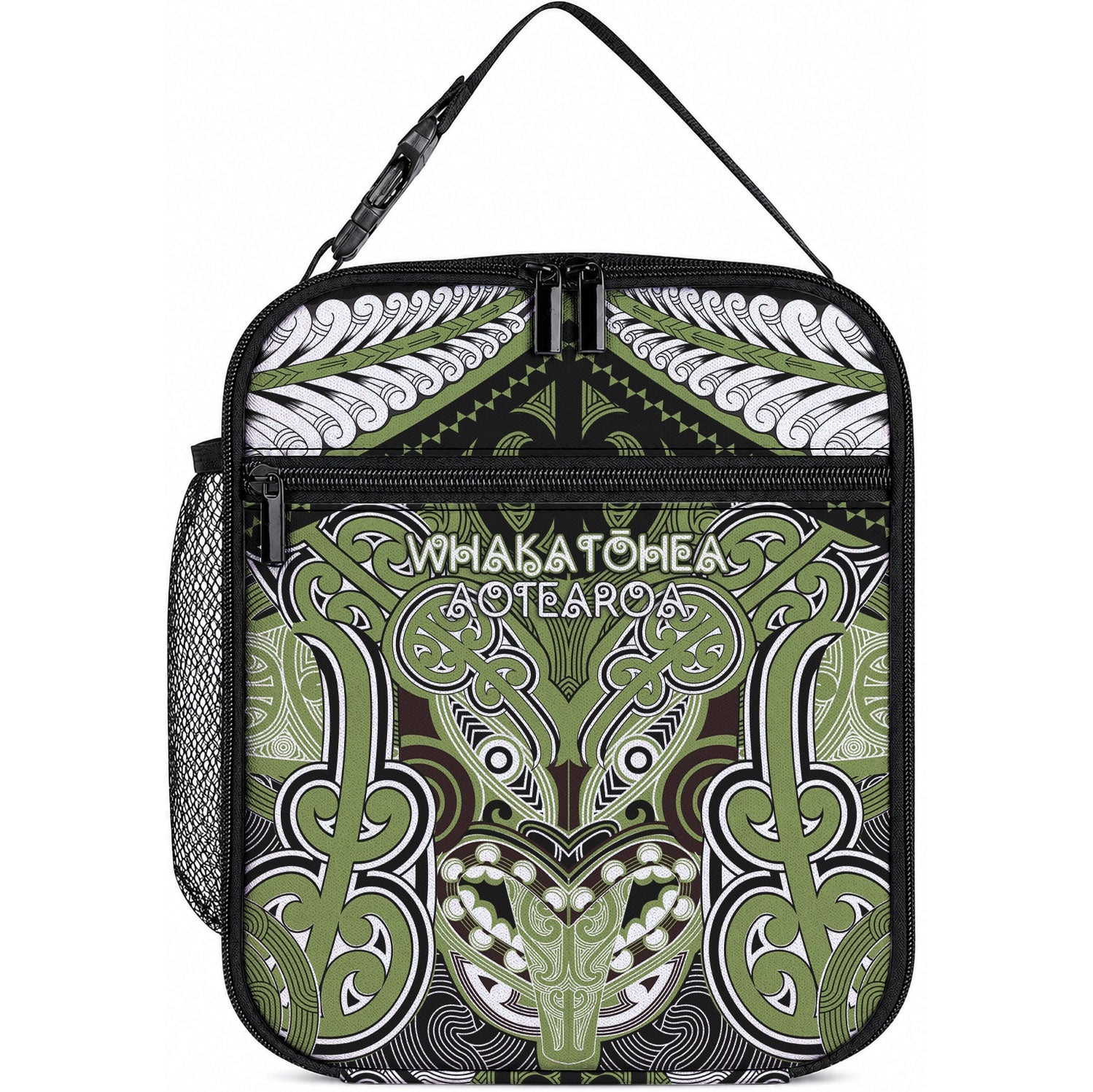 Aotearoa Iwi Whakatohea Lunch Bag Maori Kowhaiwhai Pattern LT19 10.2 × 8.3 × 4.3 inch Olive Green - Polynesian Pride