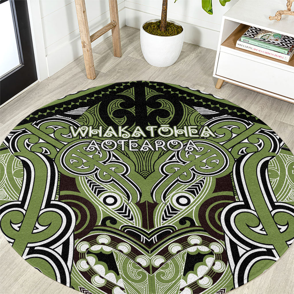 Aotearoa Iwi Whakatohea Round Carpet Maori Kowhaiwhai Pattern LT19 Olive Green - Polynesian Pride