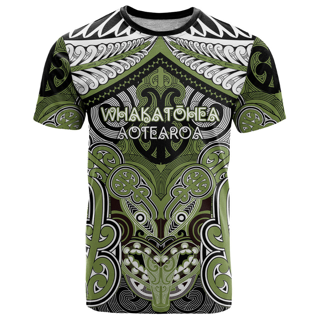 Aotearoa Iwi Whakatohea Personalised T Shirt Maori Kowhaiwhai Pattern LT19 Olive Green - Polynesian Pride
