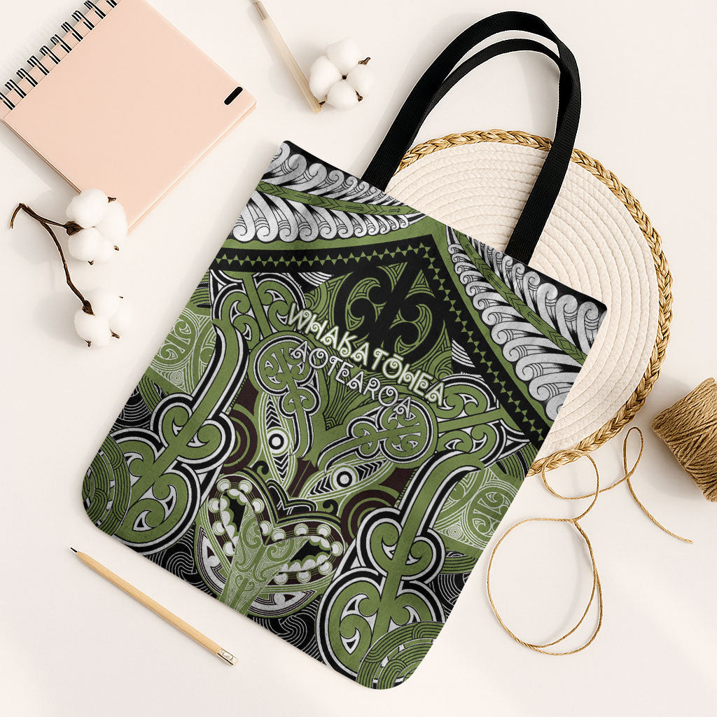 Aotearoa Iwi Whakatohea Tote Bag Maori Kowhaiwhai Pattern LT19 Black Strap One Size Olive Green - Polynesian Pride