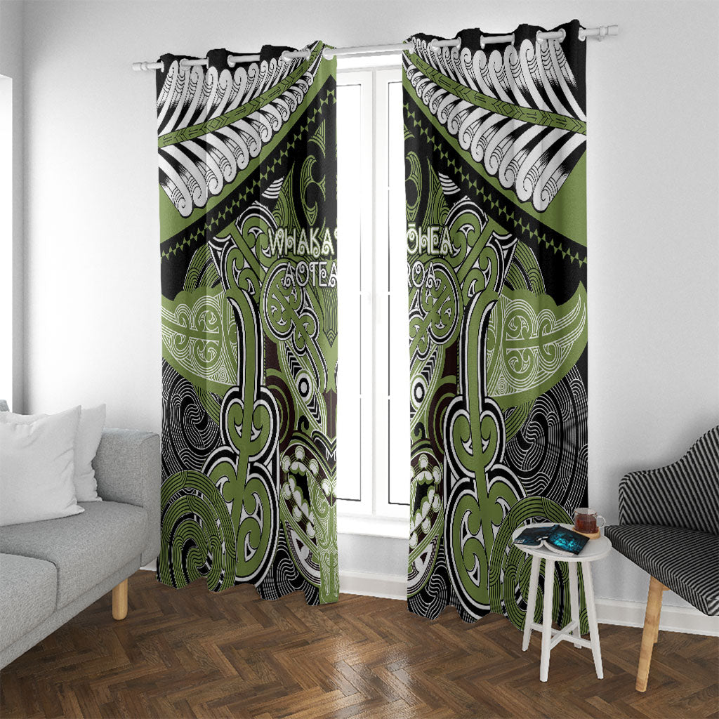 Aotearoa Iwi Whakatohea Window Curtain Maori Kowhaiwhai Pattern LT19 With Grommets Olive Green - Polynesian Pride