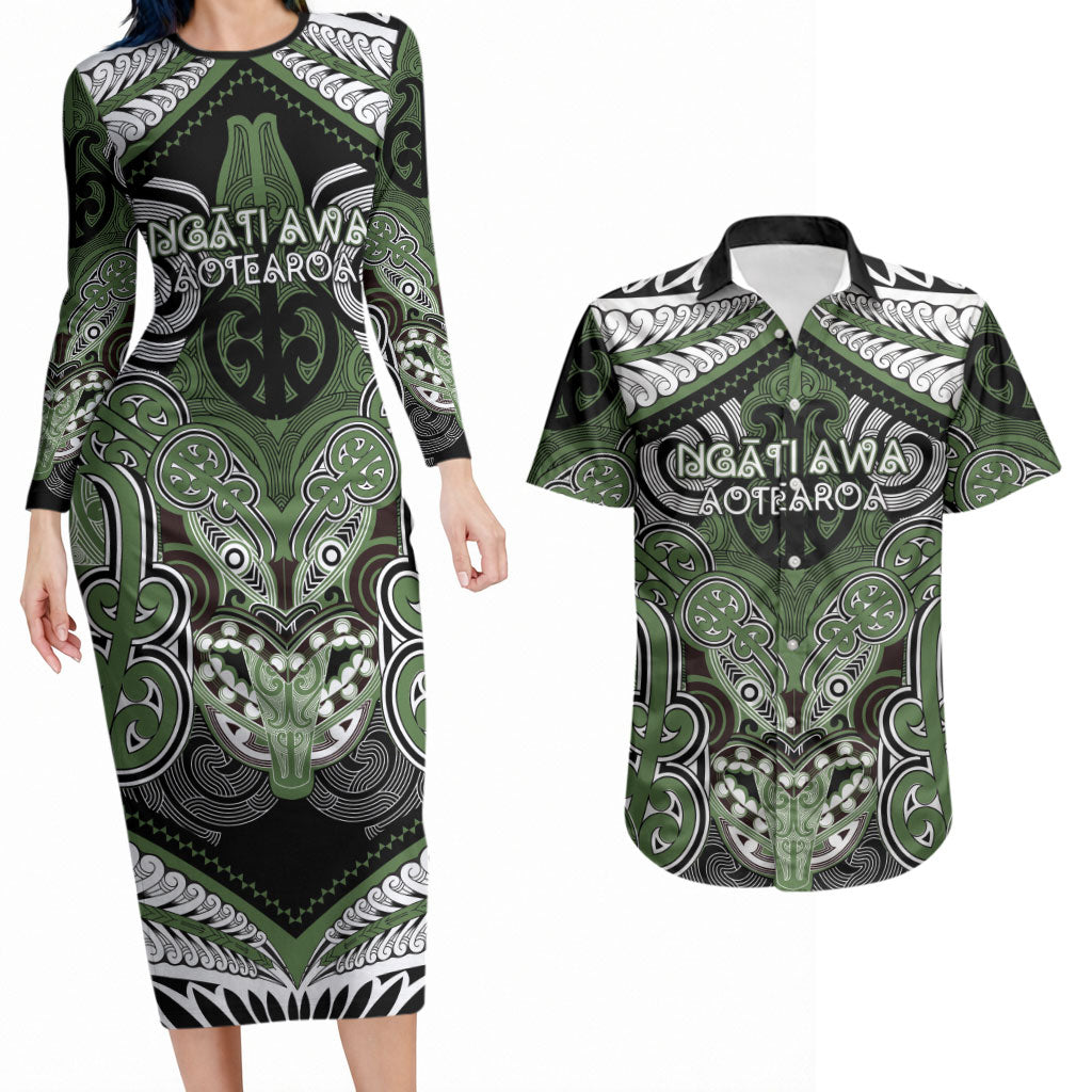 Aotearoa Iwi Ngati Awa Personalised Couples Matching Long Sleeve Bodycon Dress and Hawaiian Shirt Maori Kowhaiwhai Pattern