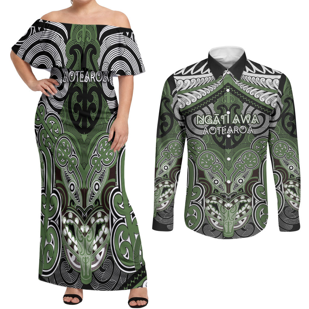 Aotearoa Iwi Ngati Awa Personalised Couples Matching Off Shoulder Maxi Dress and Long Sleeve Button Shirt Maori Kowhaiwhai Pattern