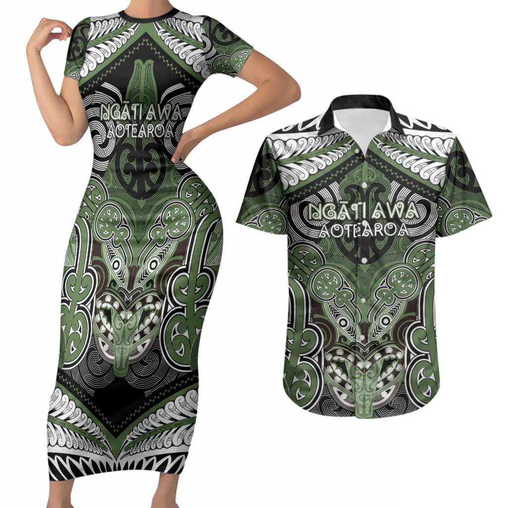 Aotearoa Iwi Ngati Awa Personalised Couples Matching Short Sleeve Bodycon Dress and Hawaiian Shirt Maori Kowhaiwhai Pattern