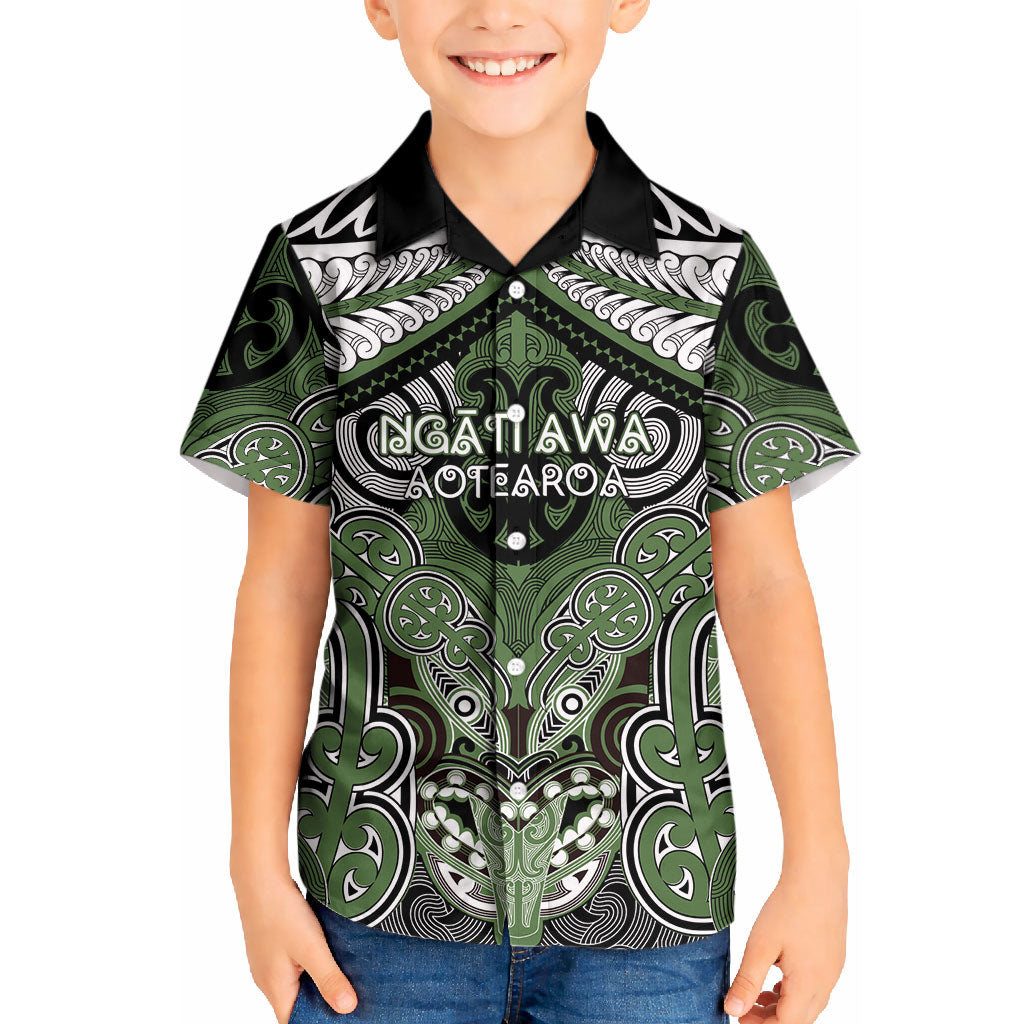 Aotearoa Iwi Ngati Awa Personalised Kid Hawaiian Shirt Maori Kowhaiwhai Pattern LT19 Kid Green - Polynesian Pride