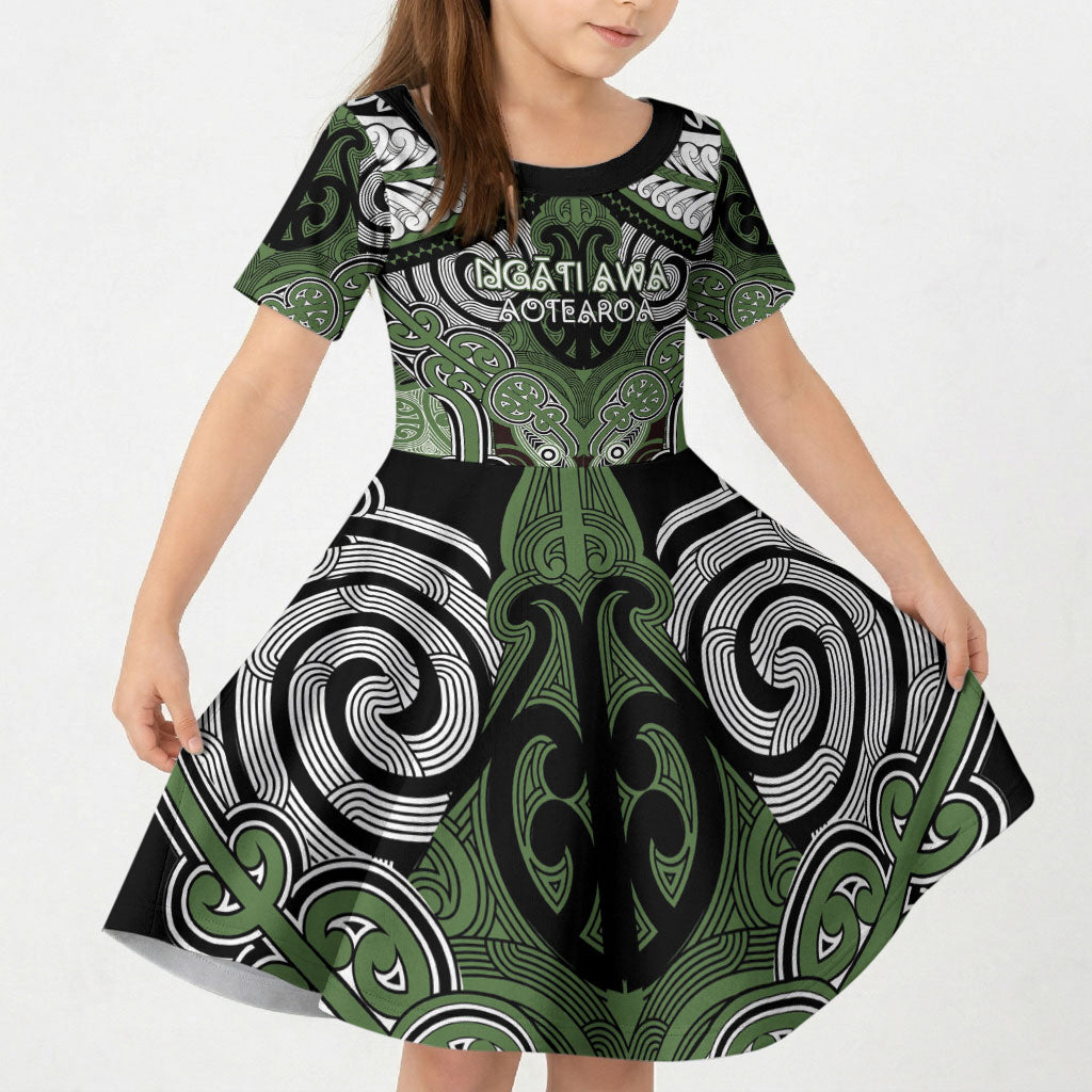 Aotearoa Iwi Ngati Awa Personalised Kid Short Sleeve Dress Maori Kowhaiwhai Pattern LT19 KID Green - Polynesian Pride