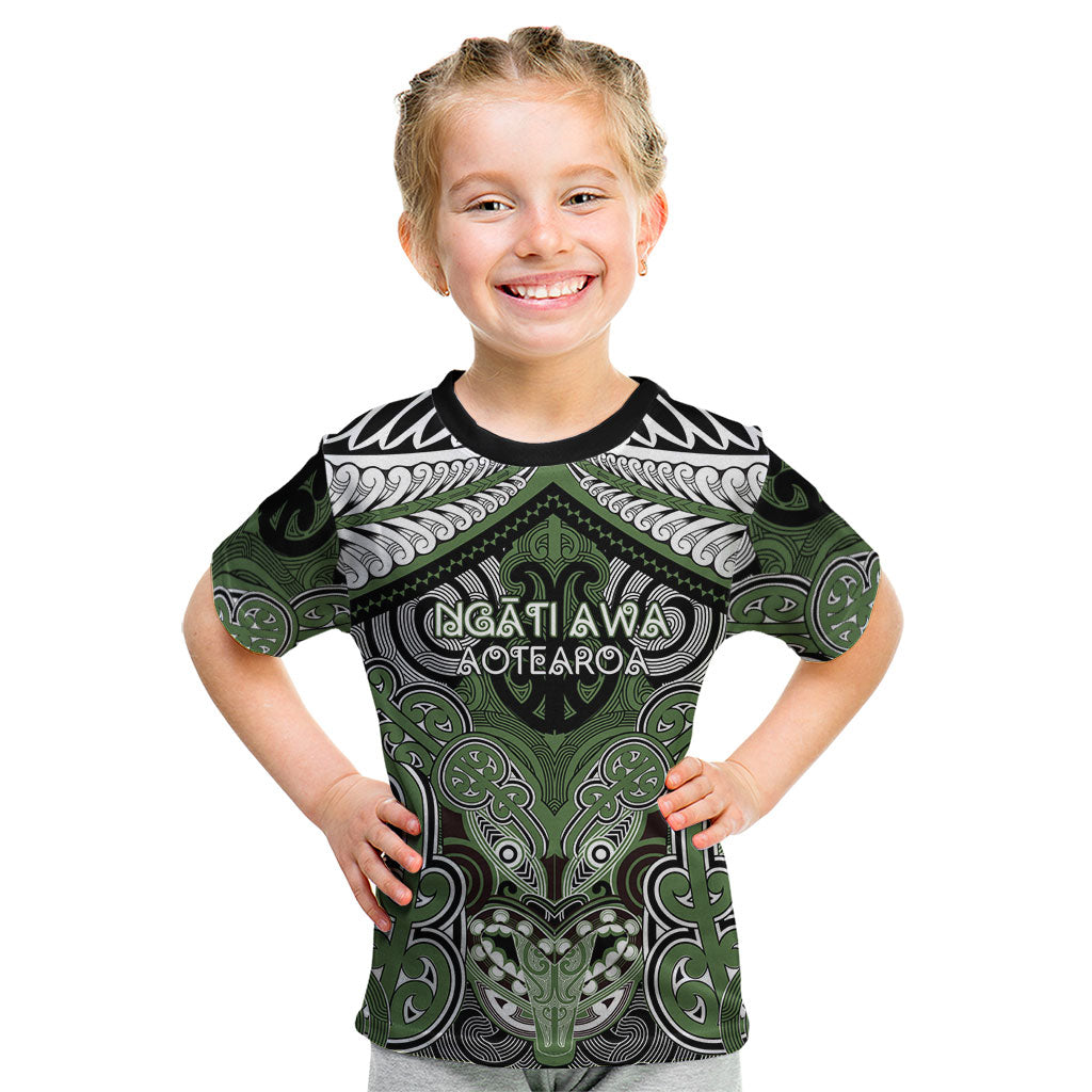 Aotearoa Iwi Ngati Awa Personalised Kid T Shirt Maori Kowhaiwhai Pattern LT19 Green - Polynesian Pride