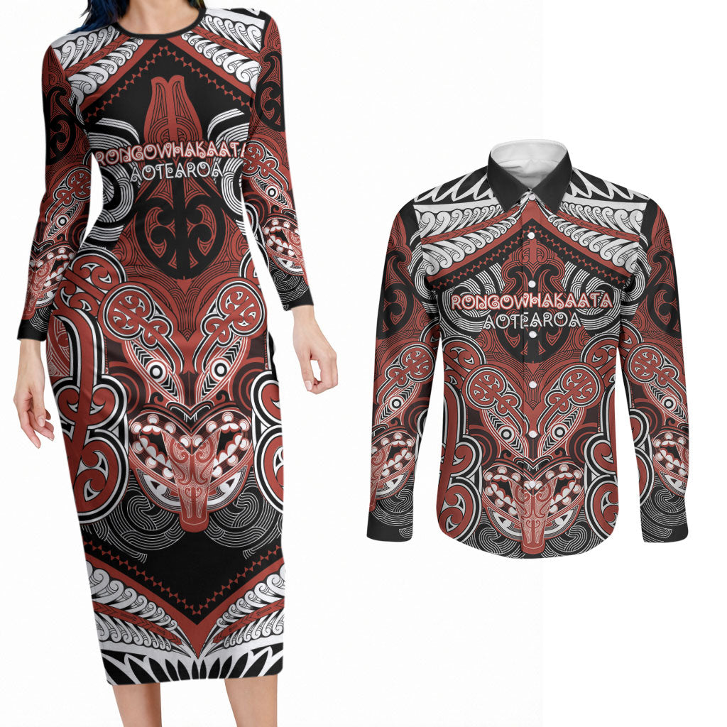 Aotearoa Iwi Rongowhakaata Personalised Couples Matching Long Sleeve Bodycon Dress and Long Sleeve Button Shirt Maori Kowhaiwhai Pattern