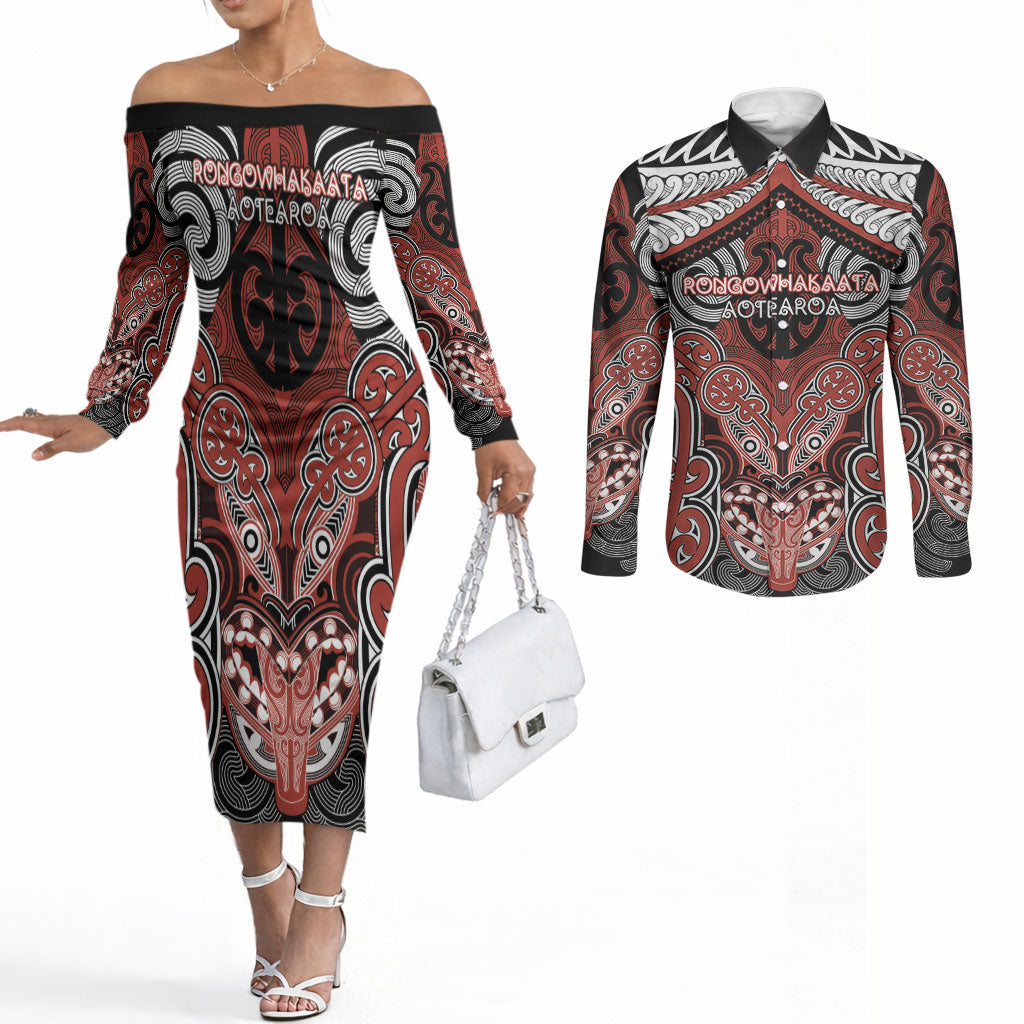 Aotearoa Iwi Rongowhakaata Personalised Couples Matching Off The Shoulder Long Sleeve Dress and Long Sleeve Button Shirt Maori Kowhaiwhai Pattern